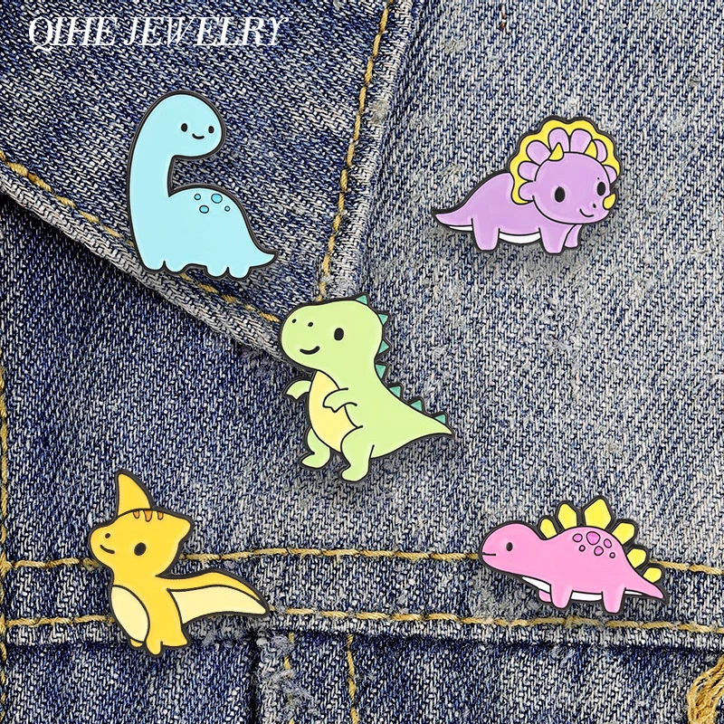 Cute Cartoon Dinosaur Enamel Pin Kawaii Pterosaur Stegosaurus Triceratops T Rex Brachiosaurus Brooch Lapel Badge Jewelry Gifts