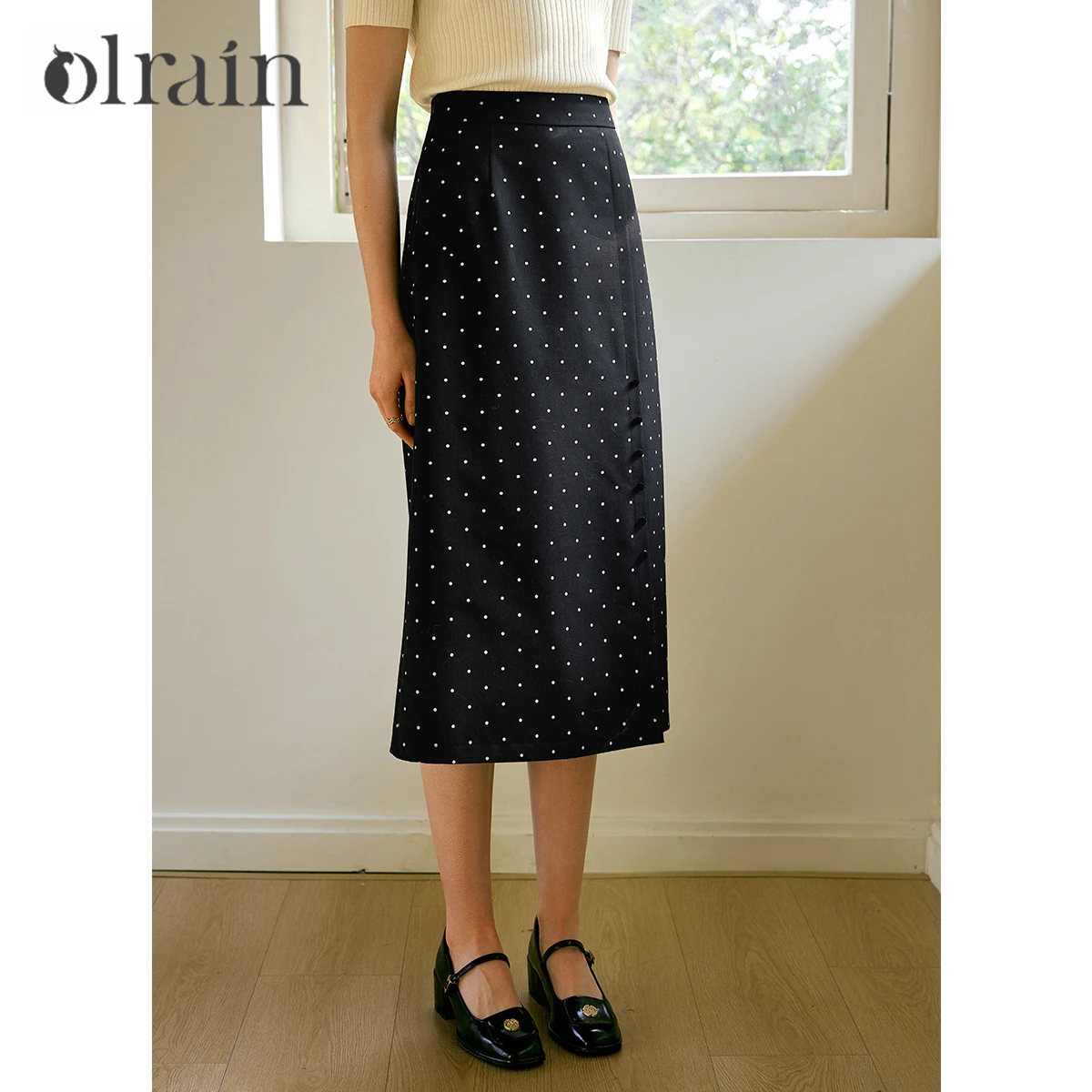 

OLrain Women's Autumn Polka Dot Skirts 2025 Vintage Style Straight High Waist Split Long Skirt Office Ladies Clothing O57XB96835