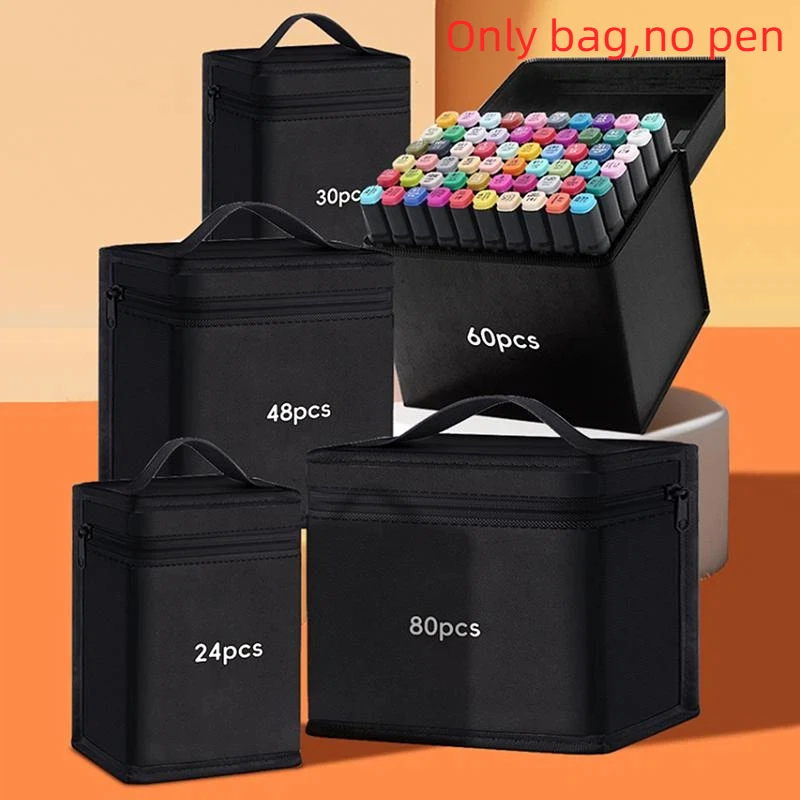 Large Capacity Canvas Marker Pen Storage Bag - Zipper Pencil Case for Watercolor Pens & Stationery (Black, Portable)