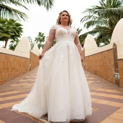 Exquisite Wedding Dresses Plus Size V-Neck Short Sleeves Lace Applique Bride Gown Tulle A-Line Sweep Train فستان حفلات الزفاف