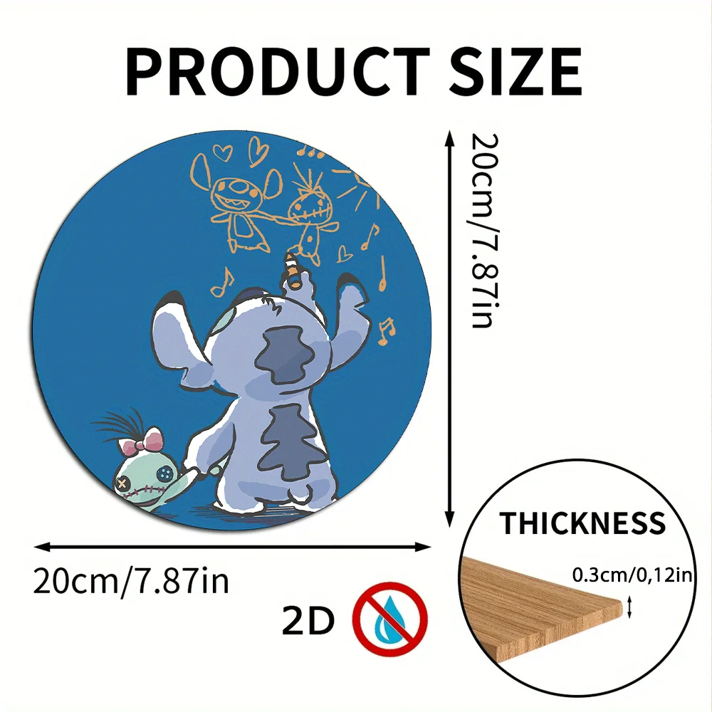 مسطح ثنائي الأبعاد - ديكور منزلي ثنائي الأبعاد قطعة واحدة 2D 7.87*7.87 بوصة لوحة باب خشبية مستديرة معلقة - طباعة فنية مستوحاة من Lilo & Stitch، طراز حديث De