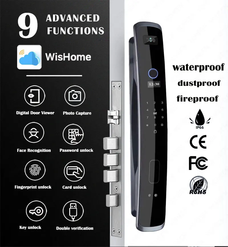 APP Wifi Face Recognition Door Lock Fingerprint Waterproof Smart Door Lock with Camera Aluminum Alloy Security Wooden Door Locks