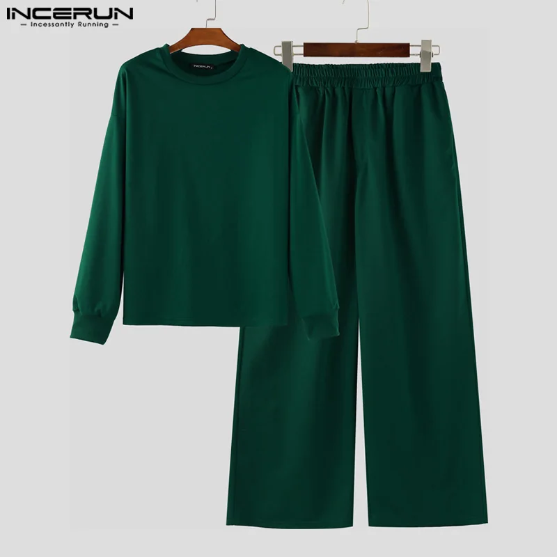 

INCERUN Men Sets Solid Color O-neck Long Sleeve T Shirt & Pants Two Pieces Sets Streetwear Oversize Fashion Casual Men's Suits