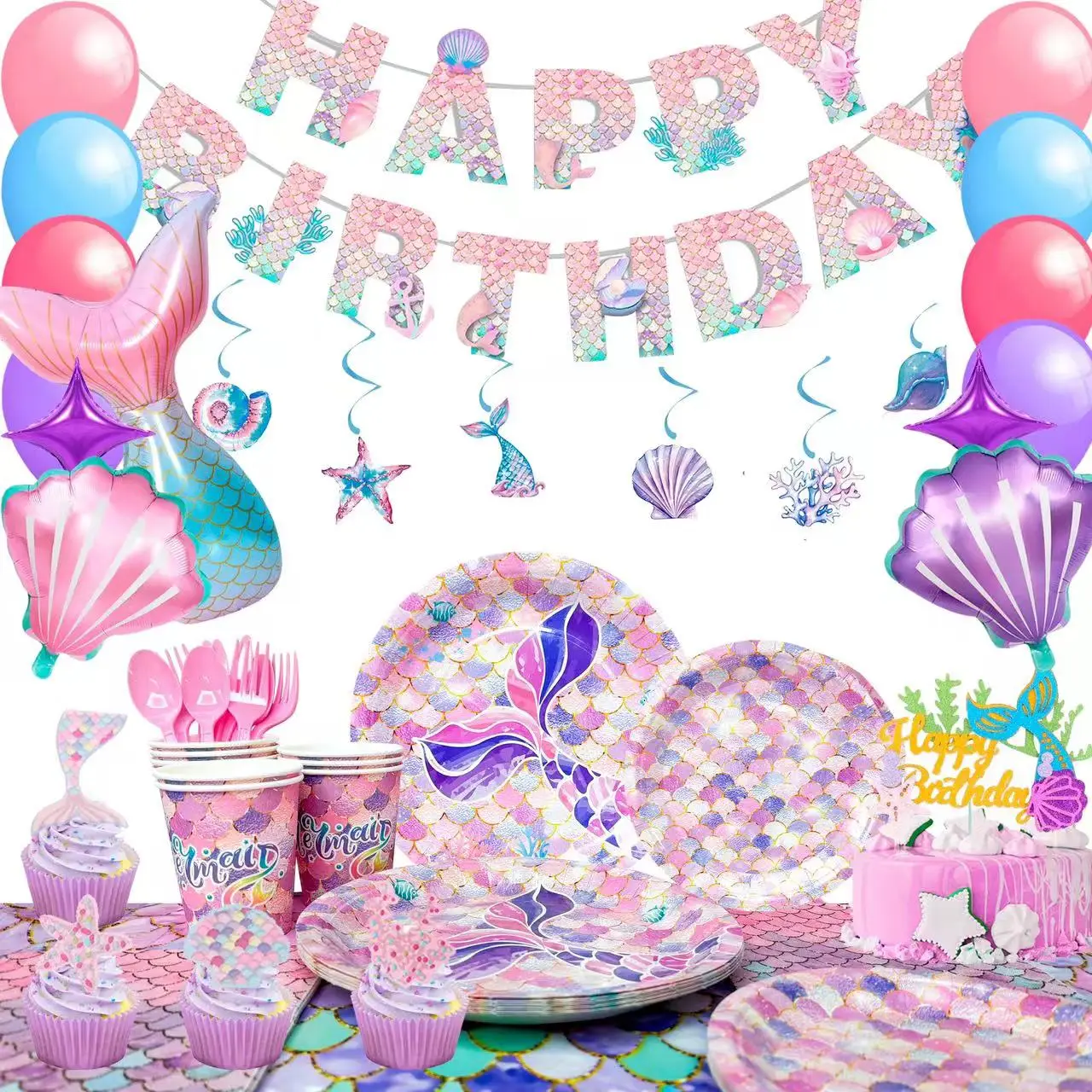 

Mermaid Party Supplies,132 Pcs Party Supplies Kit-Mermaid Birthday Plates Cups Napkins Tablecloth&Banner Balloons etc for Girls