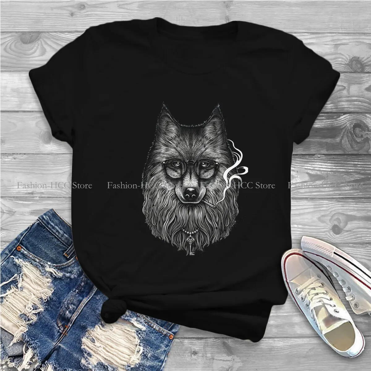 Dark Smoking O Neck TShirt Wild  Wolf Original Polyester T Shirt Woman's Tops New Design