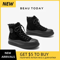 BEAUTODAY Canvas Sneakers Women Kid Suede High Top Lace-up Winter Warm Plush Ladies Casual Vulcanized Shoes Handmade 08226