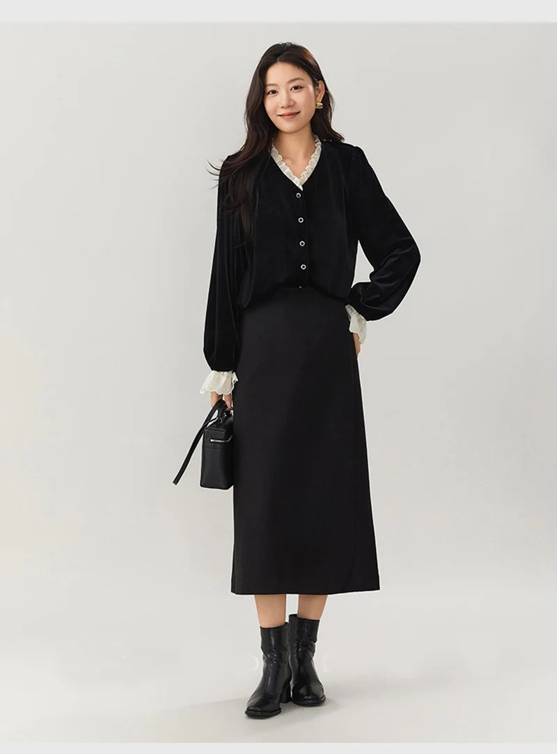 بلوزة نسائية من خيوط الحرير الطبيعي بأكمام طويلة ورقبة على شكل حرف V وحواف من الدانتيل - ملابس أنيقة وعصرية وغير رسمية وراقية