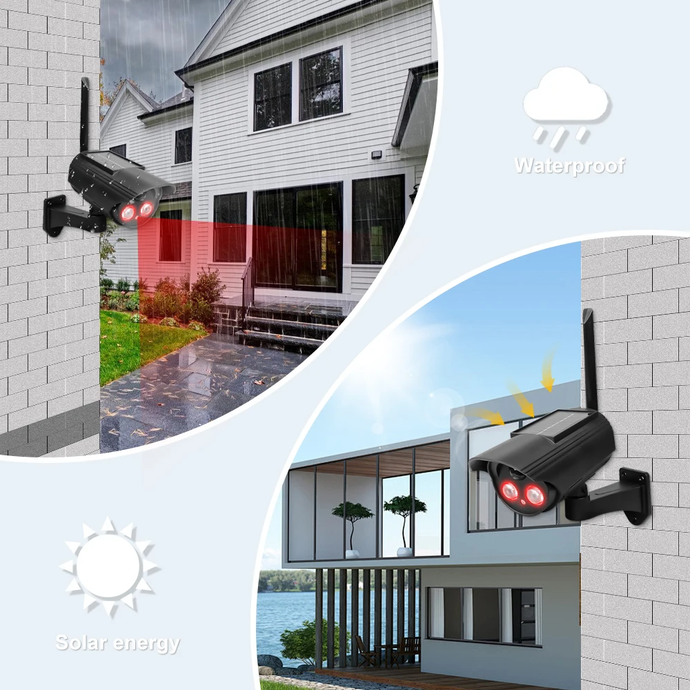 كاميرا وهمية تعمل بالطاقة الشمسية في الهواء الطلق ، مراقبة ctv أمنية مقاومة للماء ، محاكاة كاميرا وهمية ، ضوء LED وامض أحمر ، لا أسلاك مطلوبة