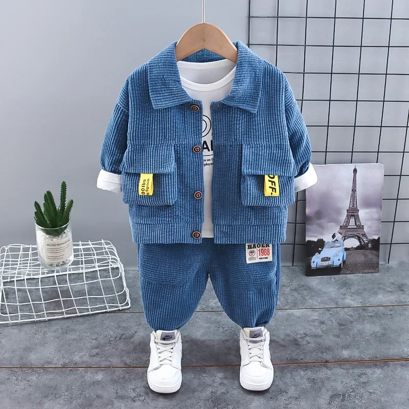 Autumn children\'s three piece suit 2023new Corduroy lapel single breasted leisure children\'s long sleeve coat wholesale