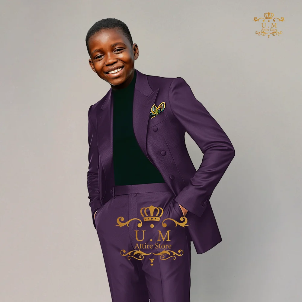 Elegant boys' wedding suit 2-piece set jacket+pants premium purple peak lapel blazer custom kids' tuxedo for prom party age 2-16