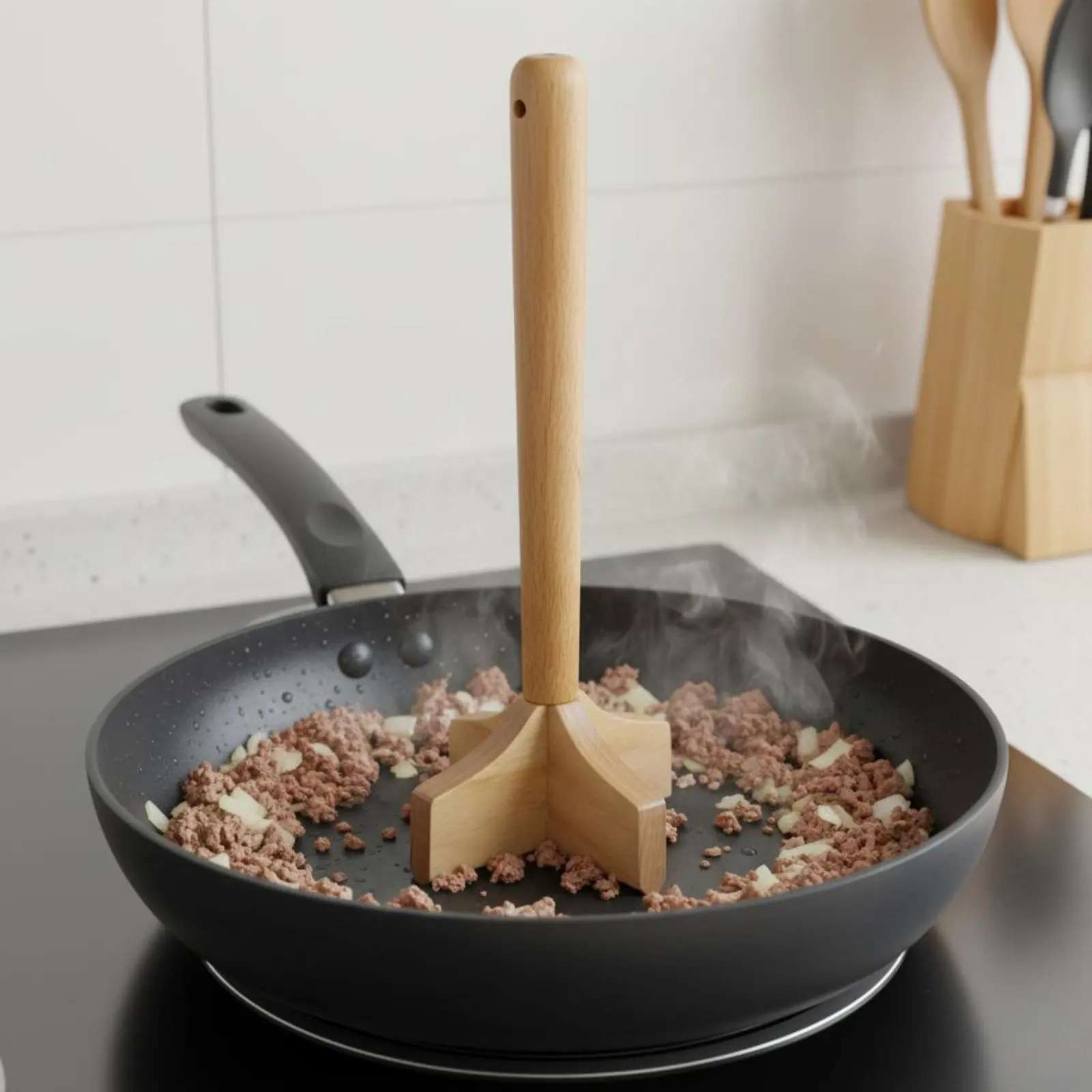 Teak Wood Masher Easy to Handle 4-Blade Meat Masher Wooden Meat Cutter
