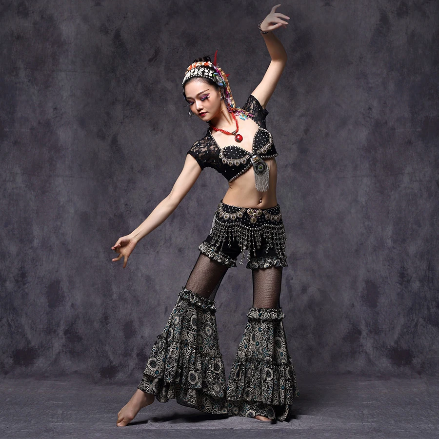 Tribal belly dance hand beaded bra set classic gypsy adult performance copper coin costume