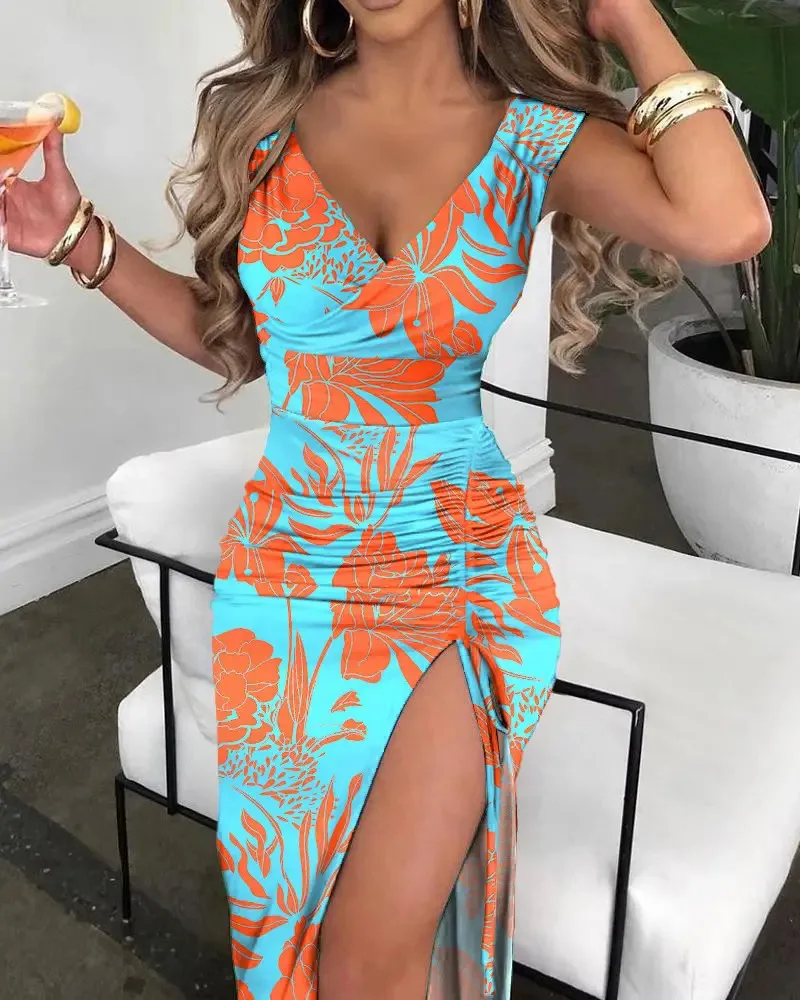 Vestidos Para Mujer Women Printed Summer Dress, V-neck Elegant Casual Clothing, Sleeveless, Tight Fitting, Beach Party, 2024