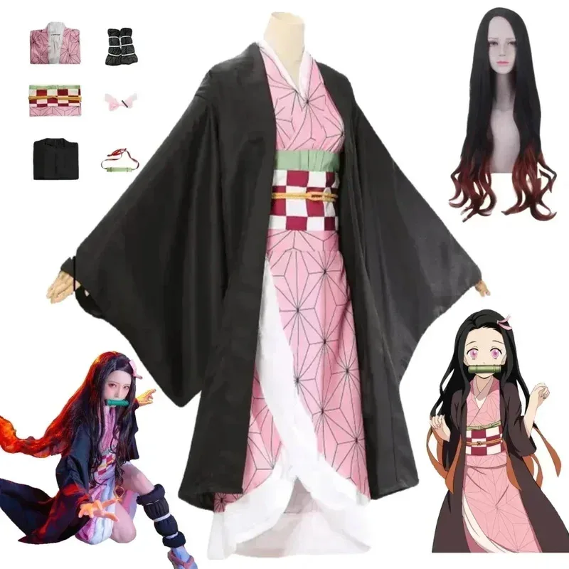 

Kamado Nezuko Cosplay Costume Anime Kimono Kamado Nezuko Wig Uniform Halloween Women Children's Clothing