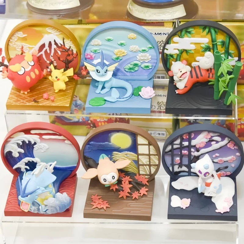 Re-Ment Pokemon Japanischer Stil Fenster Pikachu Darumaka Vaporeon Hisuian Growlithe Gyarados Rowlet Froslass PVC Modellspielzeug