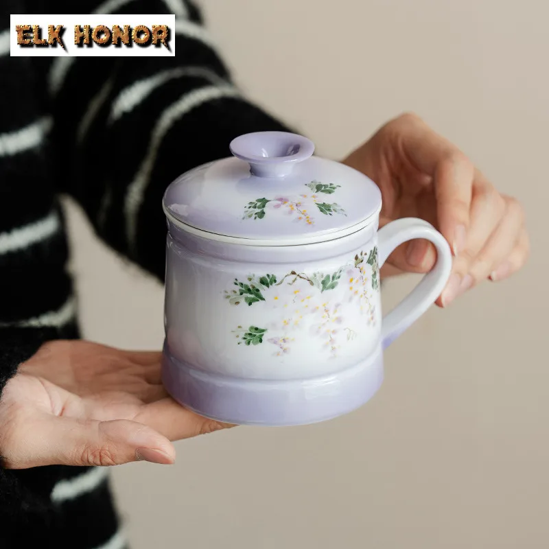 

280ml Hand-painted Wisteria Flower Filter Tea Separator Cup Japanese Tea Mug With Infuser Tea Maker Office Water Cup Decoration
