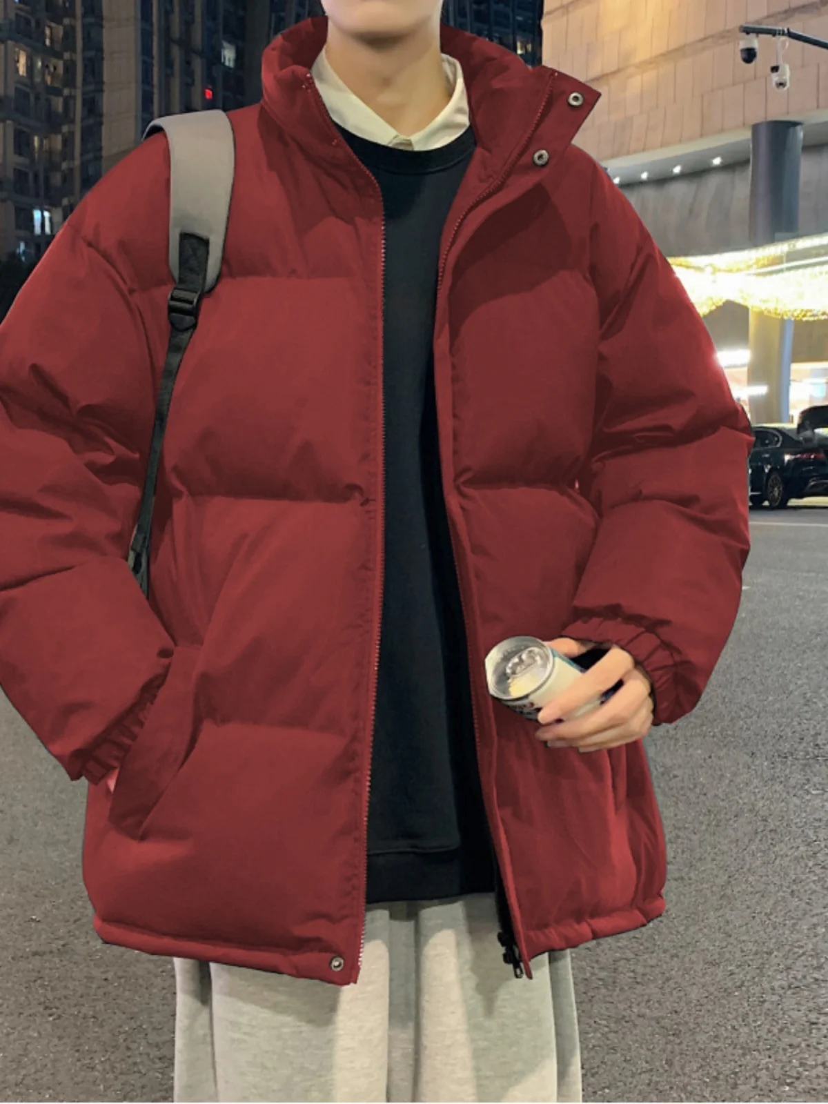 

Ankela Men's Thiened Cotton Jaet Red Winter ort Bread Sle Warm Stand Collar Loose Fit Casual Outerwear Coat