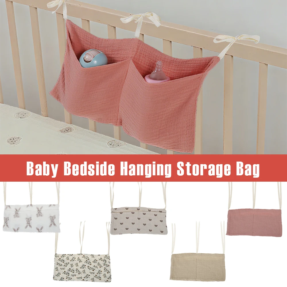 

Baby Bedside Hanging Storage Bag Cotton 2 Pocket Baby Crib Organizer Soft Cribs Diaper Storage Bag for Teething Rings Wipes Toy