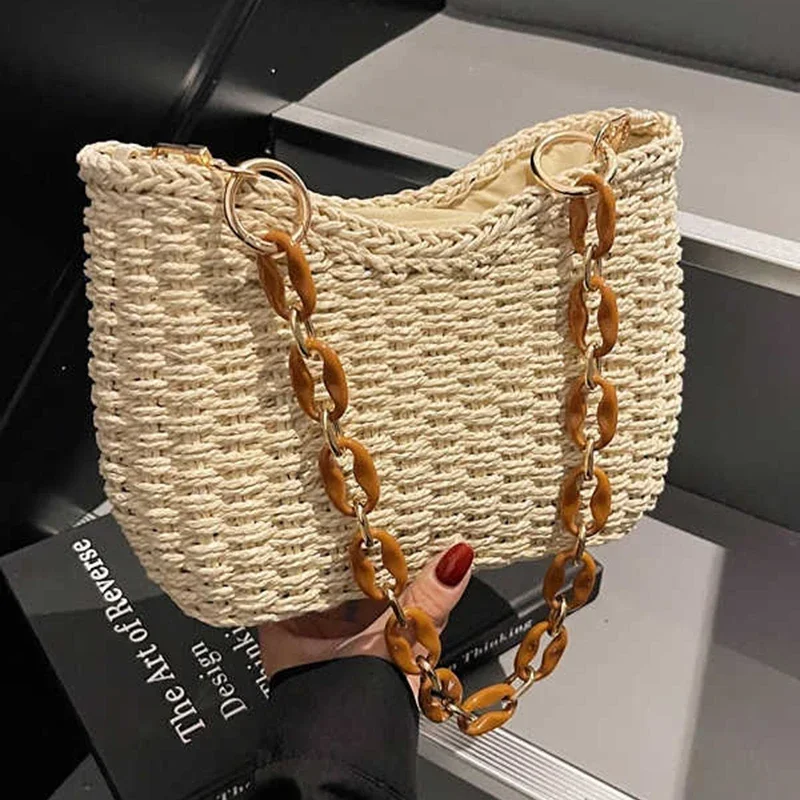 

Creative Chain Handheld Woven Small Bag For Women 2025 New Beach Seaside Vacation Bag Summer Single Shoulder Straw Woven Bag