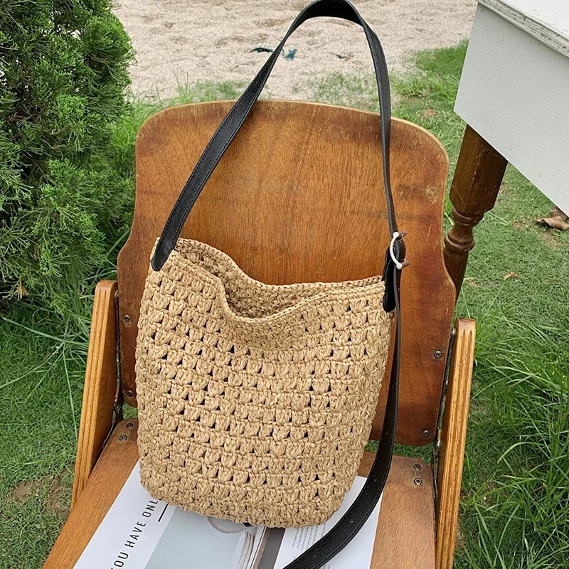 

Luxury Raffia Woven Bucket Tote Bag, Leather Handle Large Capacity Summer Shoulder Purse, Casual Versatile Korean Fashion Women