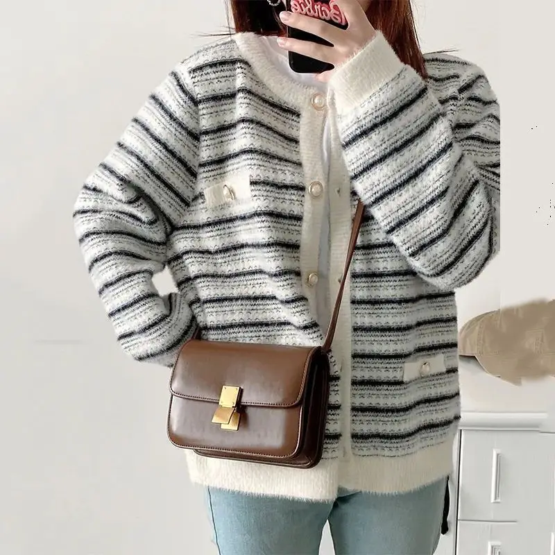 Spring Autumn Fleece Striped Women's Sweater Jacket Loose Slimming Casual Fashion Age Reducing Cardigan Knitted Top for Women