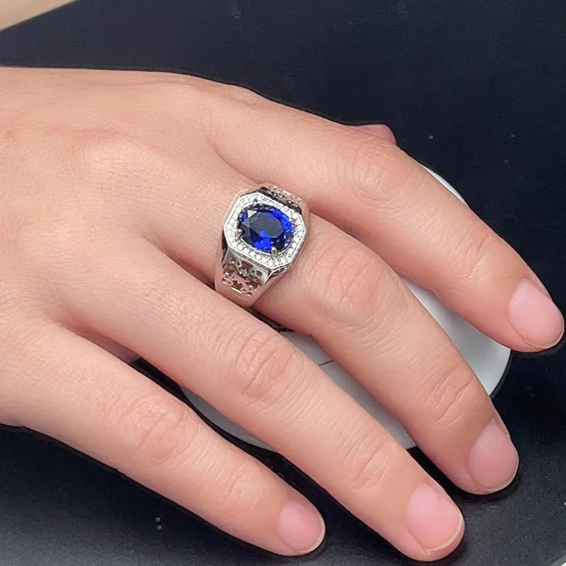 Heavy 925 Silver Ring for Men 8mm*10mm Man Made Sapphire Silver Ring 18K Gold Plated Lab Crystal Jewelry