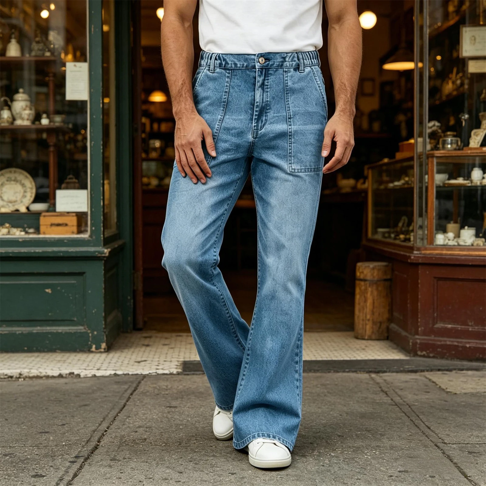 Pantalones Vaqueros Acampanados para Hombre 2026, Pantalones de Mezclilla Casuales a la Moda, de Color Sólido, con Cintura Elástica y Bolsillos Delanteros