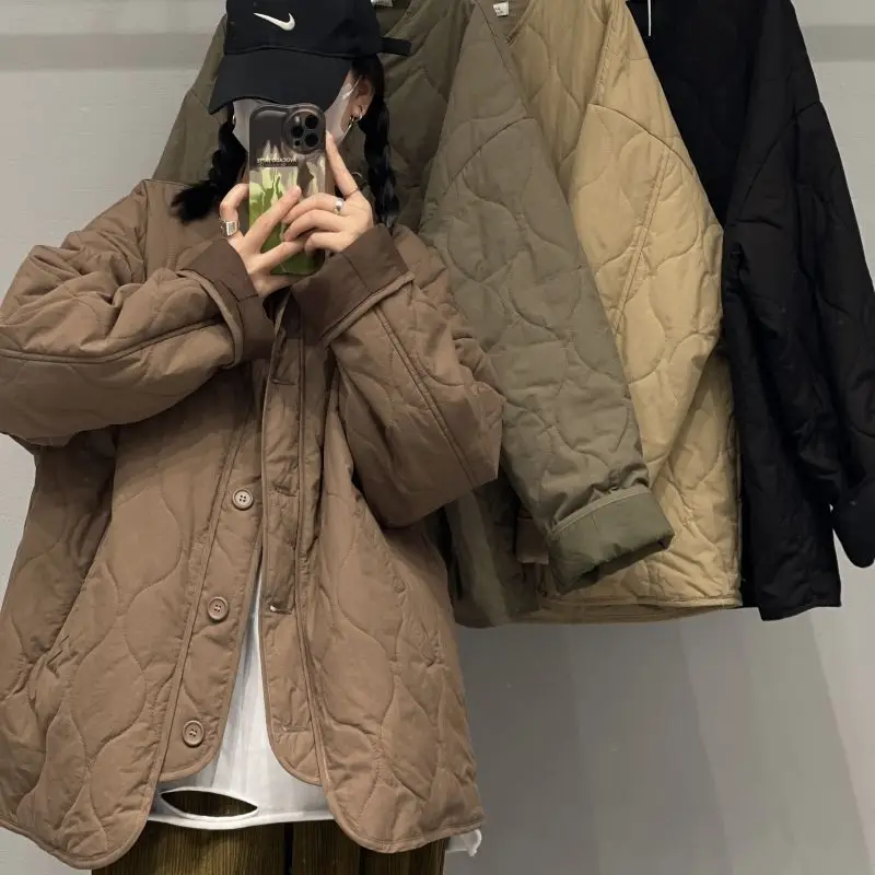 Coreano vintage acolchoado jaqueta outono inverno quente algodão casaco feminino leve manga longa botão design streetwear topos