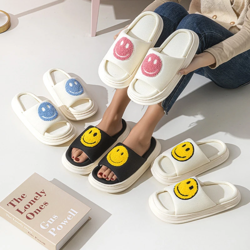 Lucyever Open Toe Smile Face Slippers Women Autumn Winter Cute Platform Home Slides Woman Comfort Thick Sole Couples Shoes 45