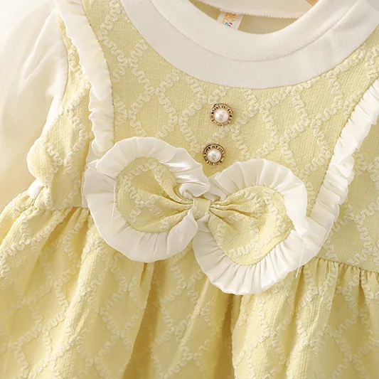 Autumn Winter New Girls Dress Round Neck Long Sleeve Lantern Under Bow Lace Pleated Delicate Buttons Fake Two Dresses