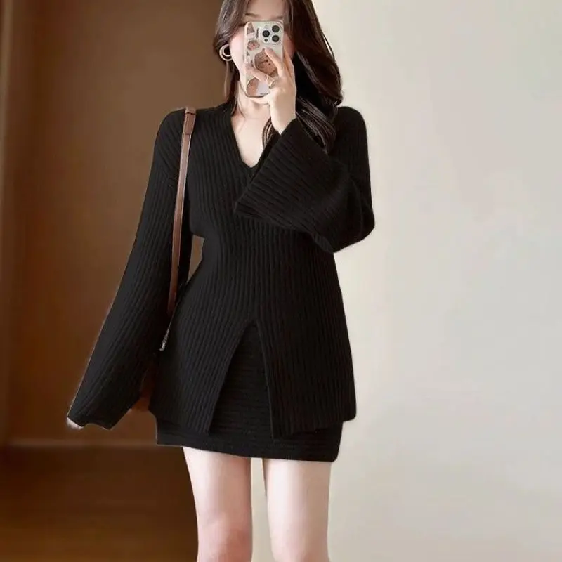 Autumn Winter Two Piece Suit For Women's Salt Style Wear with Royal Sister Feel Loose Small Fragrant Sweater Half Skirt Sets