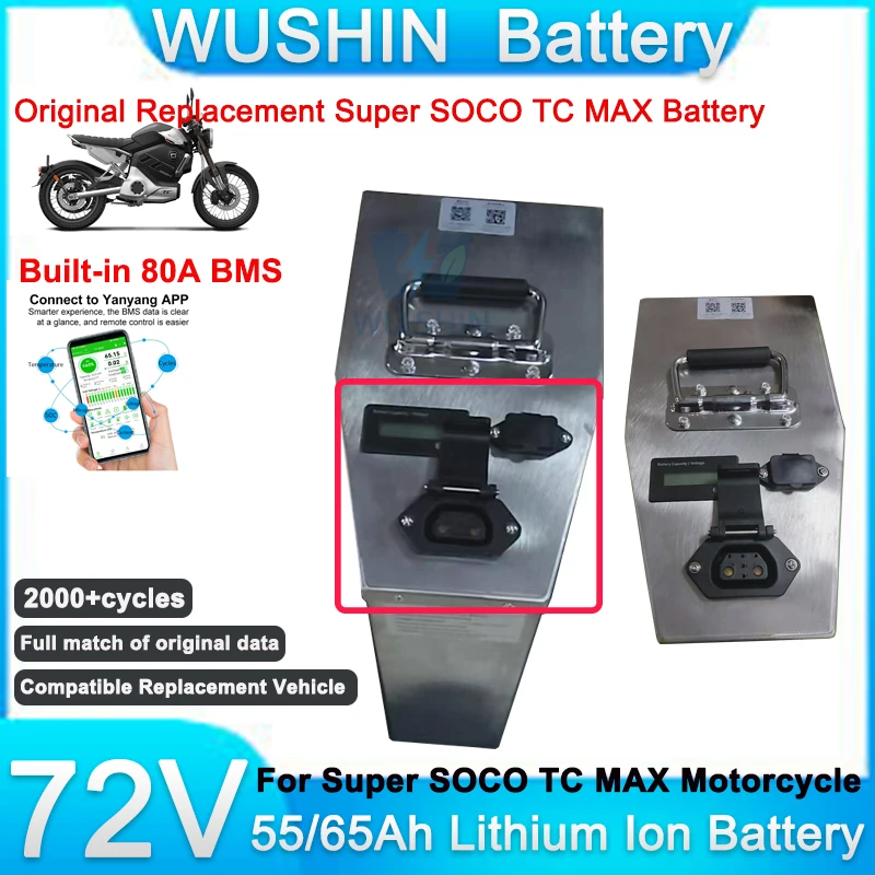 WUSHIN Original Replacement Battery Pack For Super SOCO TC MAX Motorcycle 72V 55Ah 65Ah Built in Yanyang Smart BMS With Charger