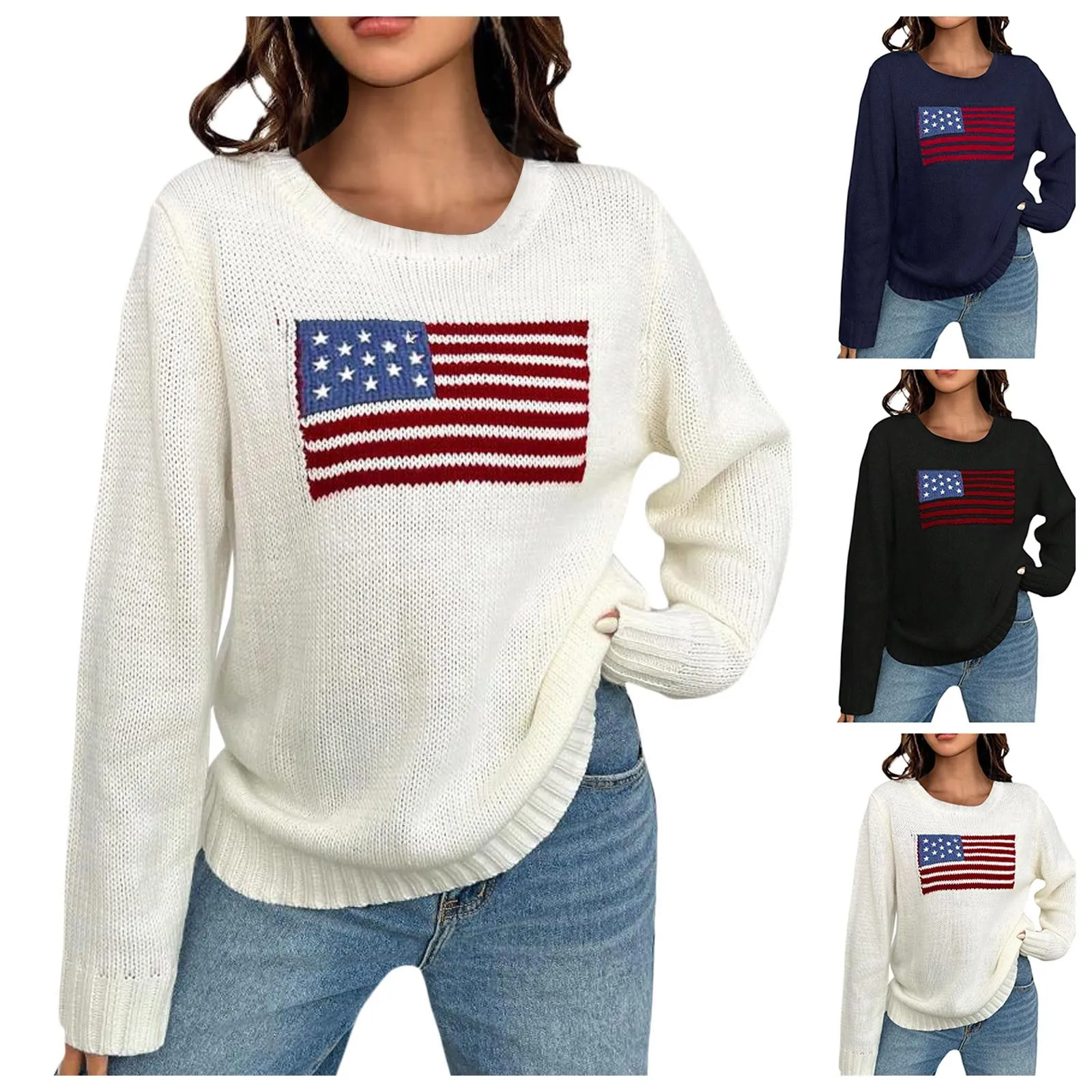 Womens Sweaters Tops Long Sleeve Flag Usa Knit Sweatshirt Memorial Day Loose Shirts Elegant New Knit Female Jumper Stylish