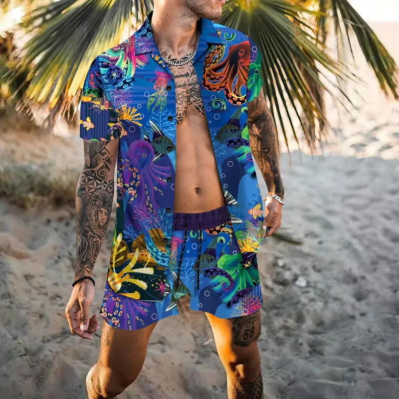 Conjunto de cárdigan Hawaiano para hombre, camisa de manga corta con botones y estampado 3D, pantalones cortos de playa, traje de dos piezas diario