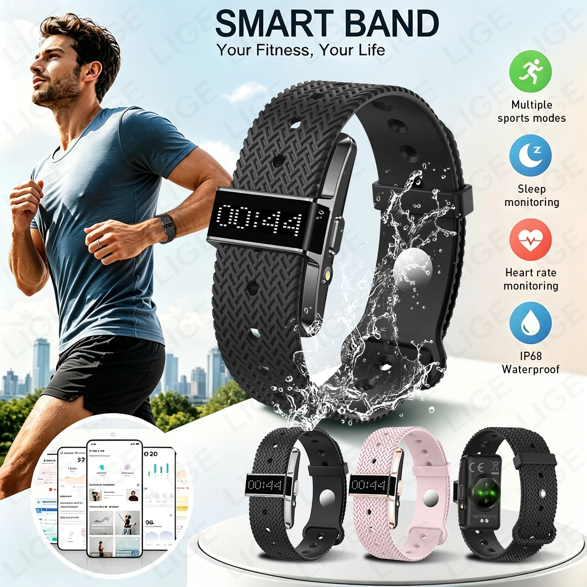 LIGE Smart Watch Band 2026 Digital Display Multi-Sport Activity Tracker Heart Rate Stress Monitor Smart Bracelet With Flashlight