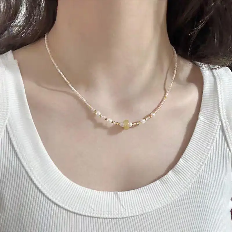 Japan and South Korea freshwater pearl yellow jade splicing millet bead necklace simple temperament versatile fresh niche
