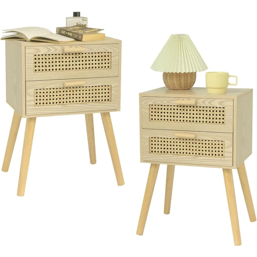 

Rattan Nightstand Set 2, Nightstand with Drawers, Bedside Table with Storage and Solid Wood Legs, End Table for Bedroom