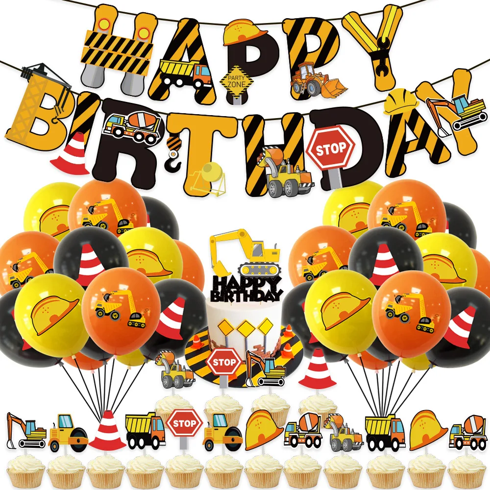 18pcs New Engineering Vehicle Theme 12 Inch Latex Balloons Excavator Helmet Printed Balloon Birthday Party Decoration Supplies