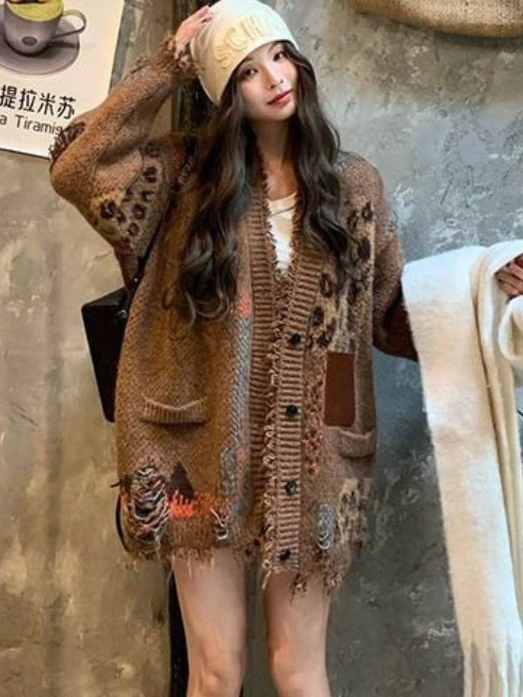 

Y2k американский винтажный кардиган с необработанными краями и леопардовыми карманами Harajuku, свитера для пикантных девушек, уличная одежда, осенне-зимняя женская одежда