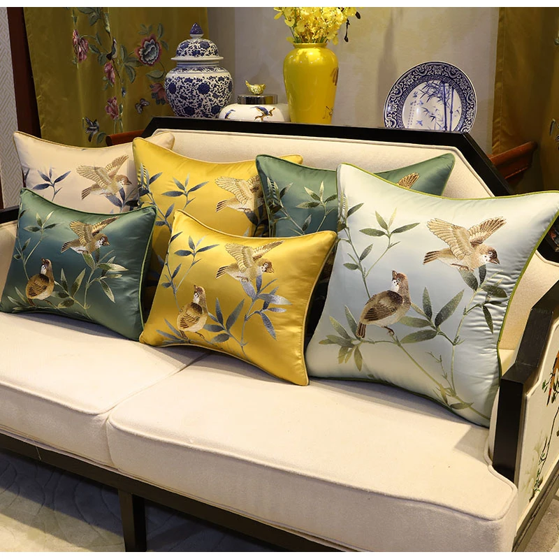 DAVINRICH Chic Interiors Throw Pillow Covers Chinoiserie Style Birds Branches Embroidery Cushion Case For Bedside Outdoor Patio