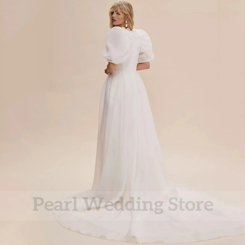 Princess Half Sleeves V-Neck Wedding Dress with Flowers and Bow A-Line Floor Length Bridal Sweep Train Custom Made Gowns