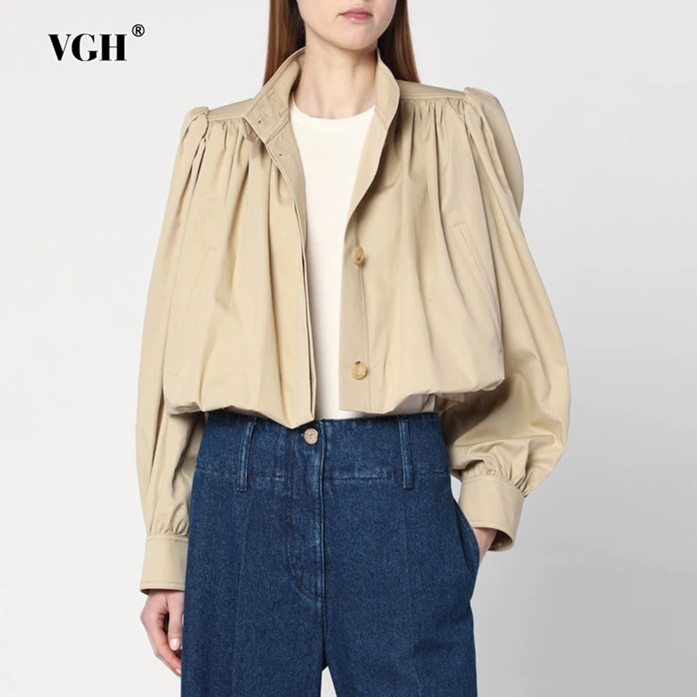 

VGH Свободные однотонные короткие куртки в британском стиле для женщин с воротником-стойкой и длинными рукавами, осеннее темпераментное пальто, женское новое
