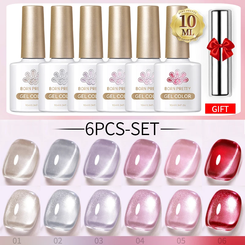 

BORN PRETTY Super White Cat Magnetic Gel Nail Polish Set 10ml 6Pcs Sparkling Semi Permanent Nail Art Soak Off LED UV Gel Kit