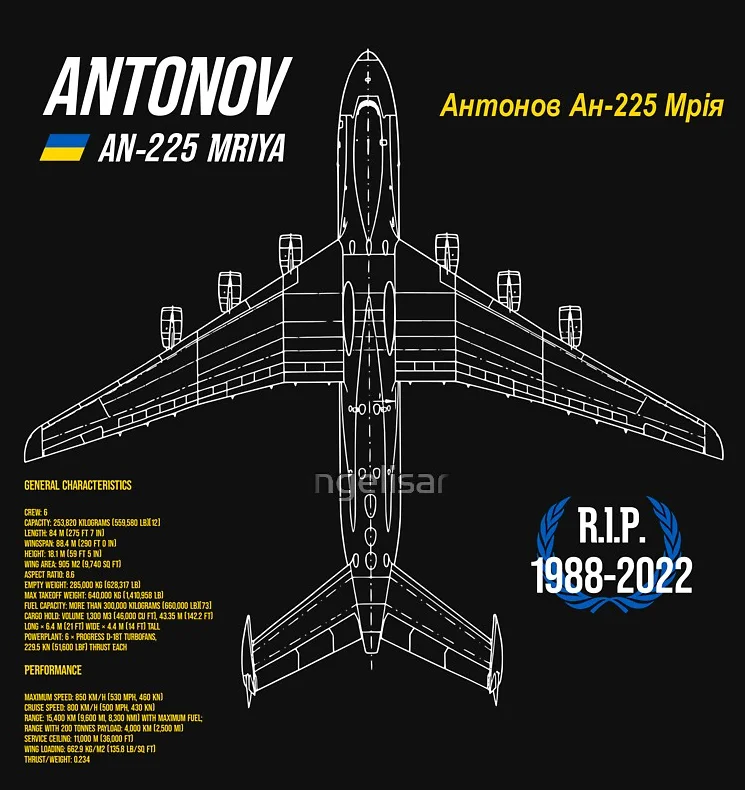 Antonov AN-225 Mriya Cargo Aircraft RIP Poster T Shirt. Short Sleeve 100% Cotton Casual T-shirts Loose Top Size S-3XL