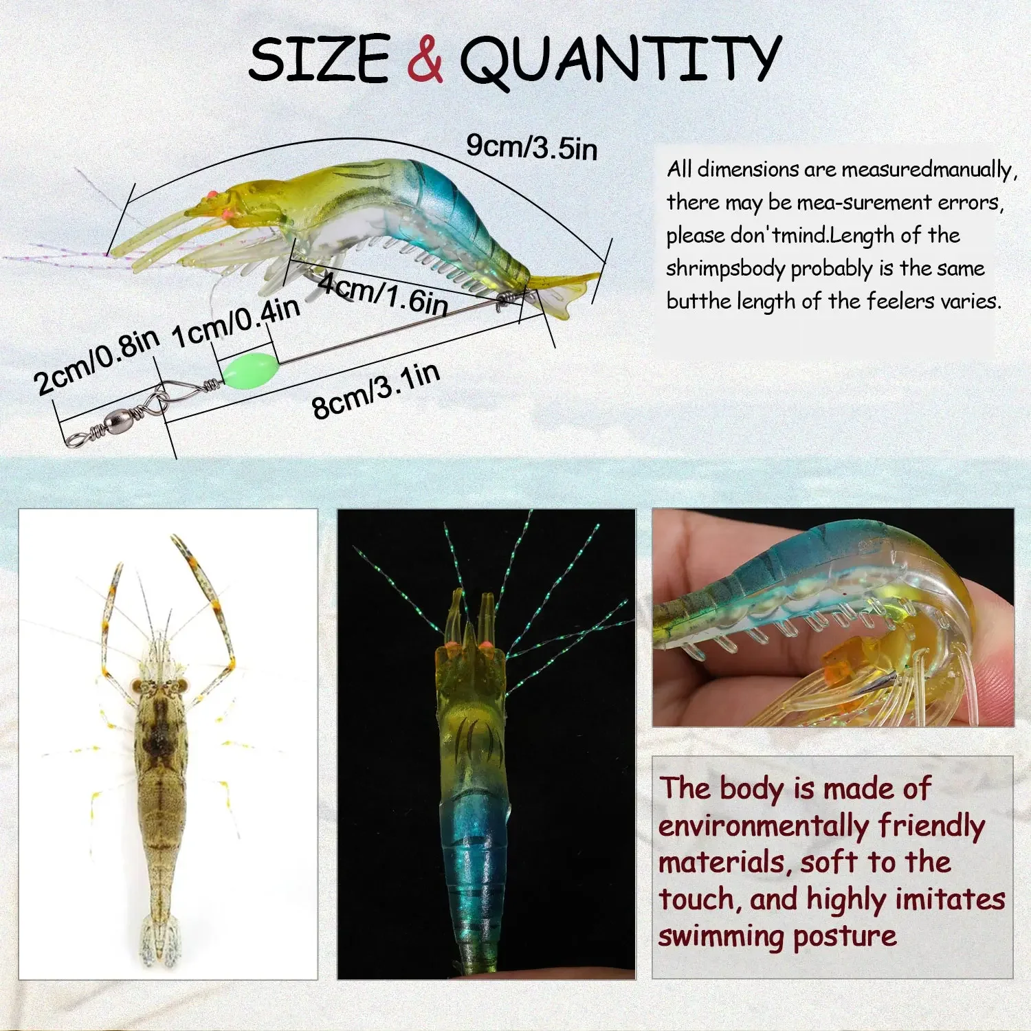 Sougayilang Soft Fishing Luminous Shrimp Lure 7 Colors 1pc with Hook Swivel Beads Artificial Silicone Glow Fishing  Accessory image 2