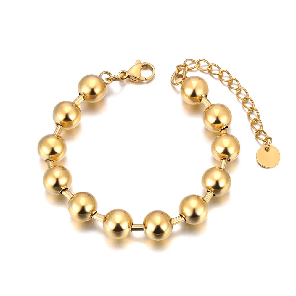 Lokaer Fashion Stainless Steel 8/10mm Round Beads Chain Necklace Bracelet Sets for Women 18K Gold Plated Party Jewelry N24082