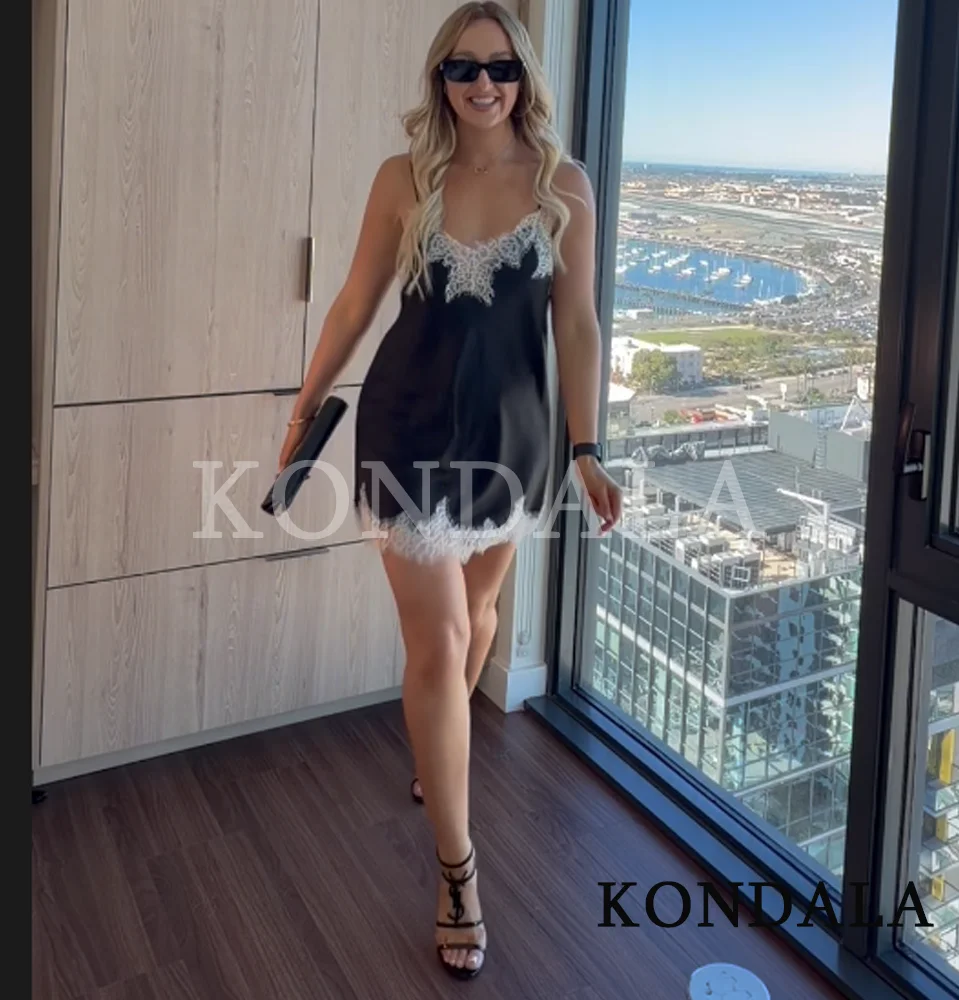 KONDALA Dating Satin Lace Tops Women Sexy Contrasting Suspender Tops 2026 Spring Summer Fashion High Street Holiday Party Tops