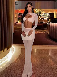 High quality 2024 Summer New Women's Fashion Slim Fit Set Sexy Long sleeved Twisted Mesh Hollow Top+Pants Party 2 Two piece Set