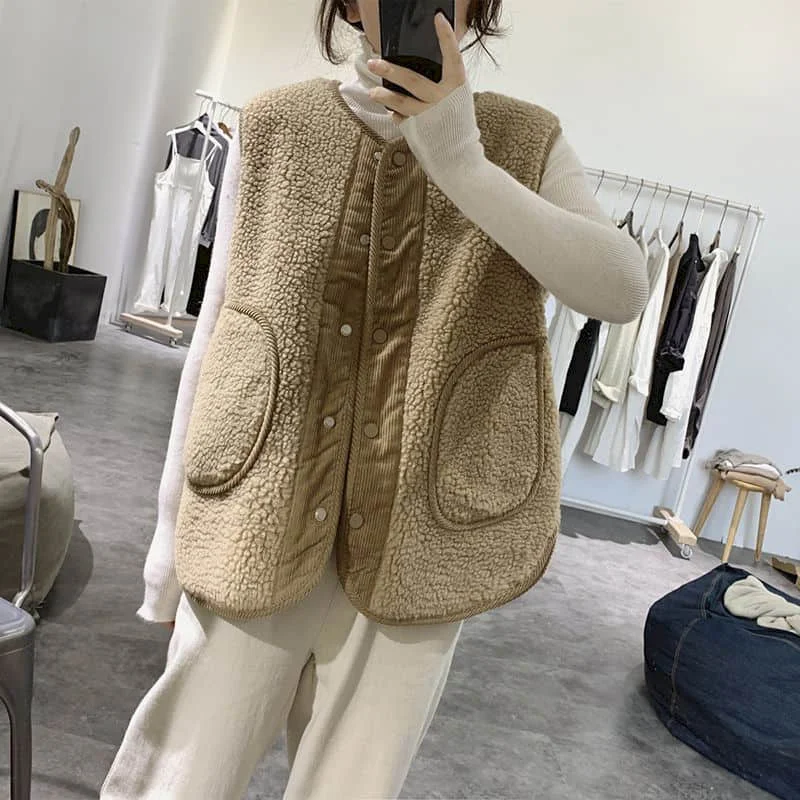 

Fleece Waistcoats for Women Plush Vests O-neck Casual Sleeveless Cardigans Oversized Winter Lambhair Jackets Loose Women Tops