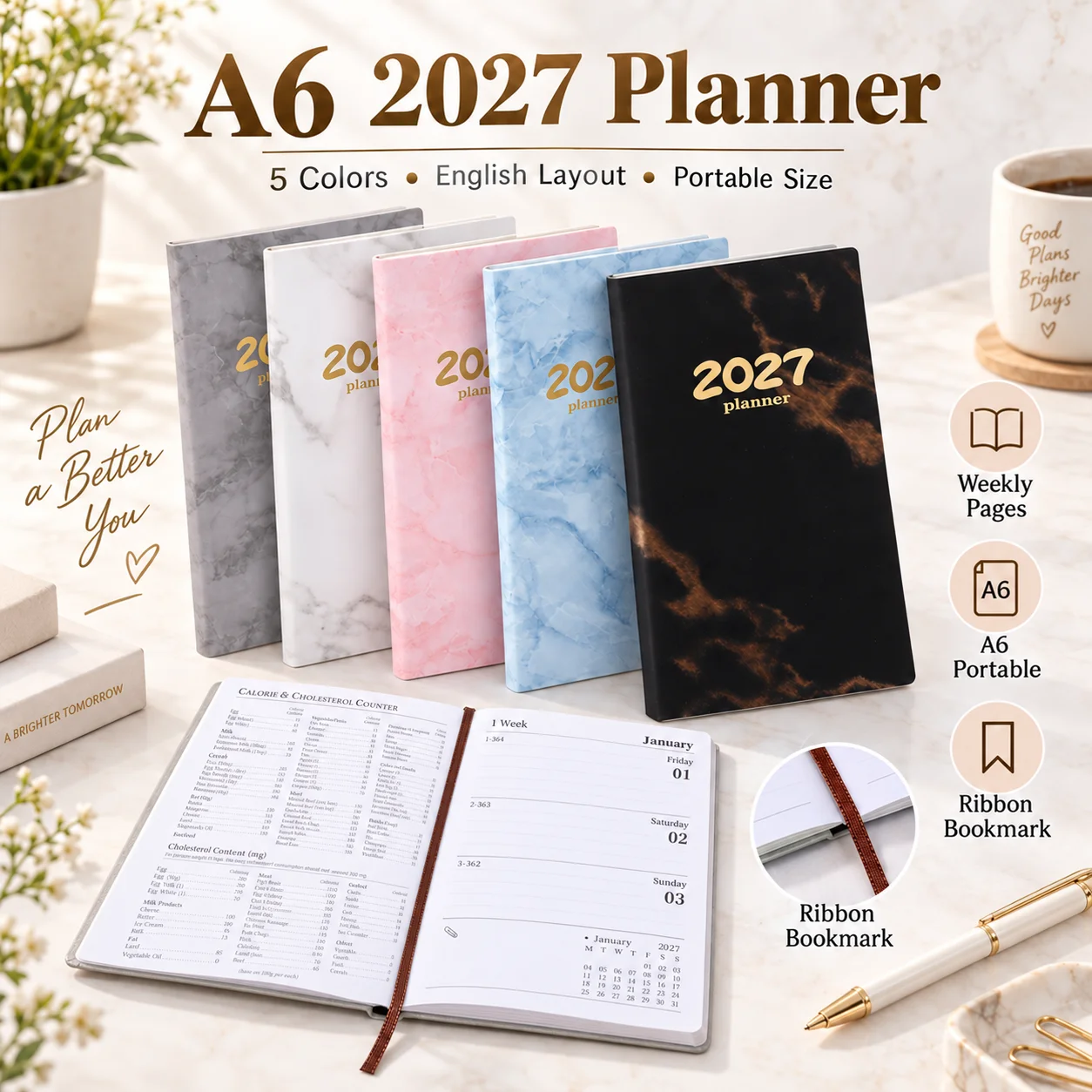 1pc 2027 A6 Weekly Planner, Marble Pu Soft Cover Notebook, Portable Schedule Journal With Ribbon Bookmark For Office & Study